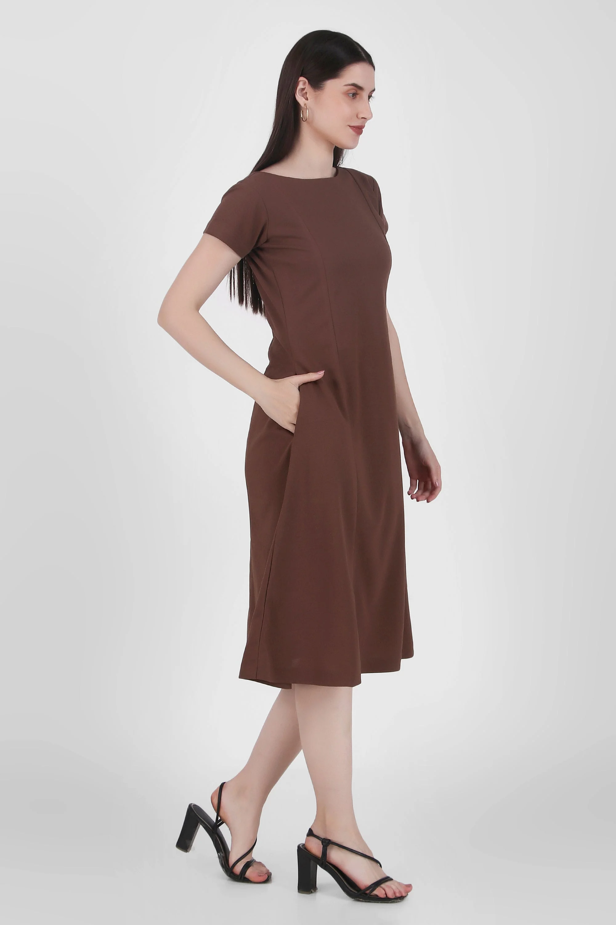 Classic Comfort A-line Dress, Brown - Image 3