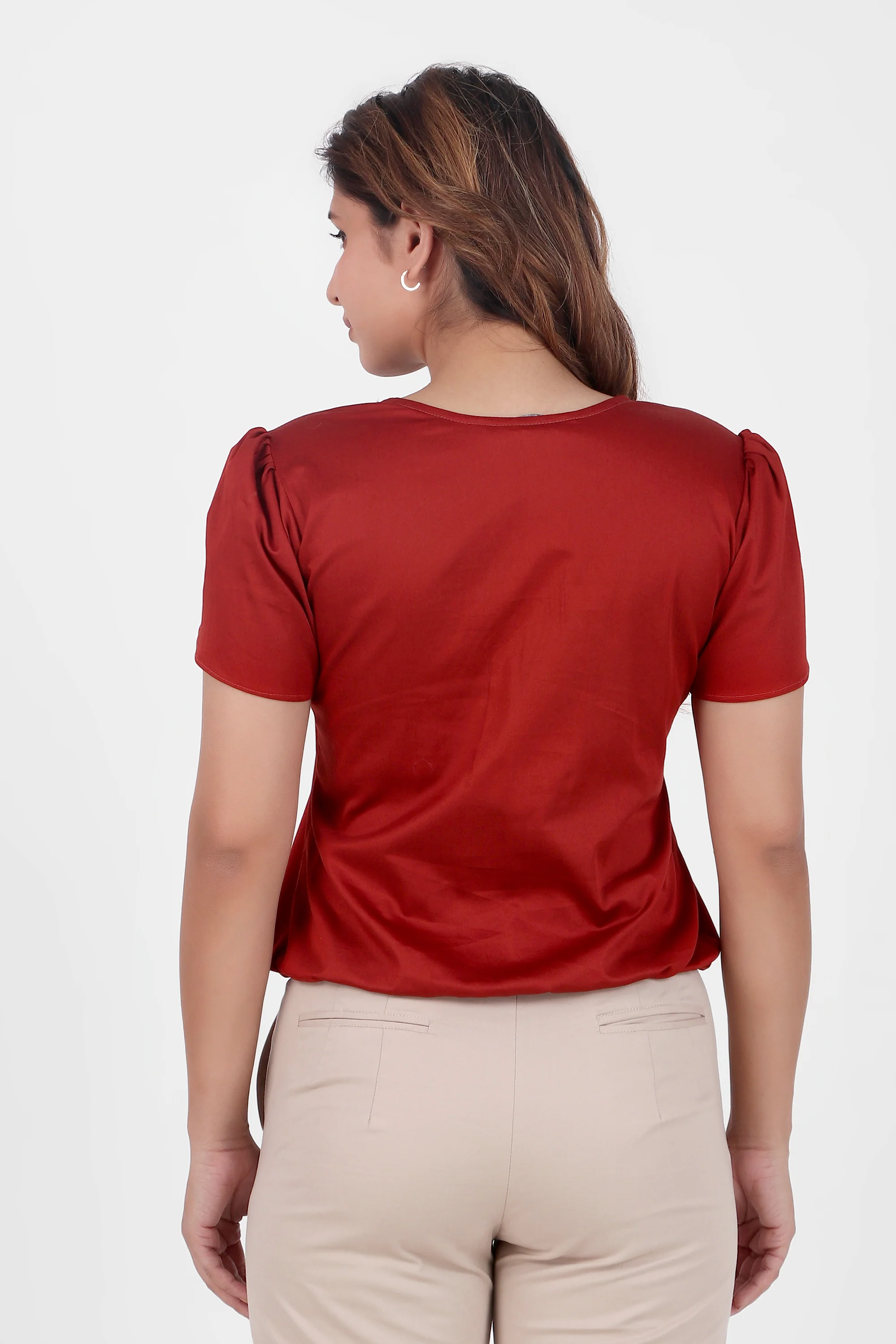 Classic Tulip Sleeves Cotton Top, Maroon - Image 4