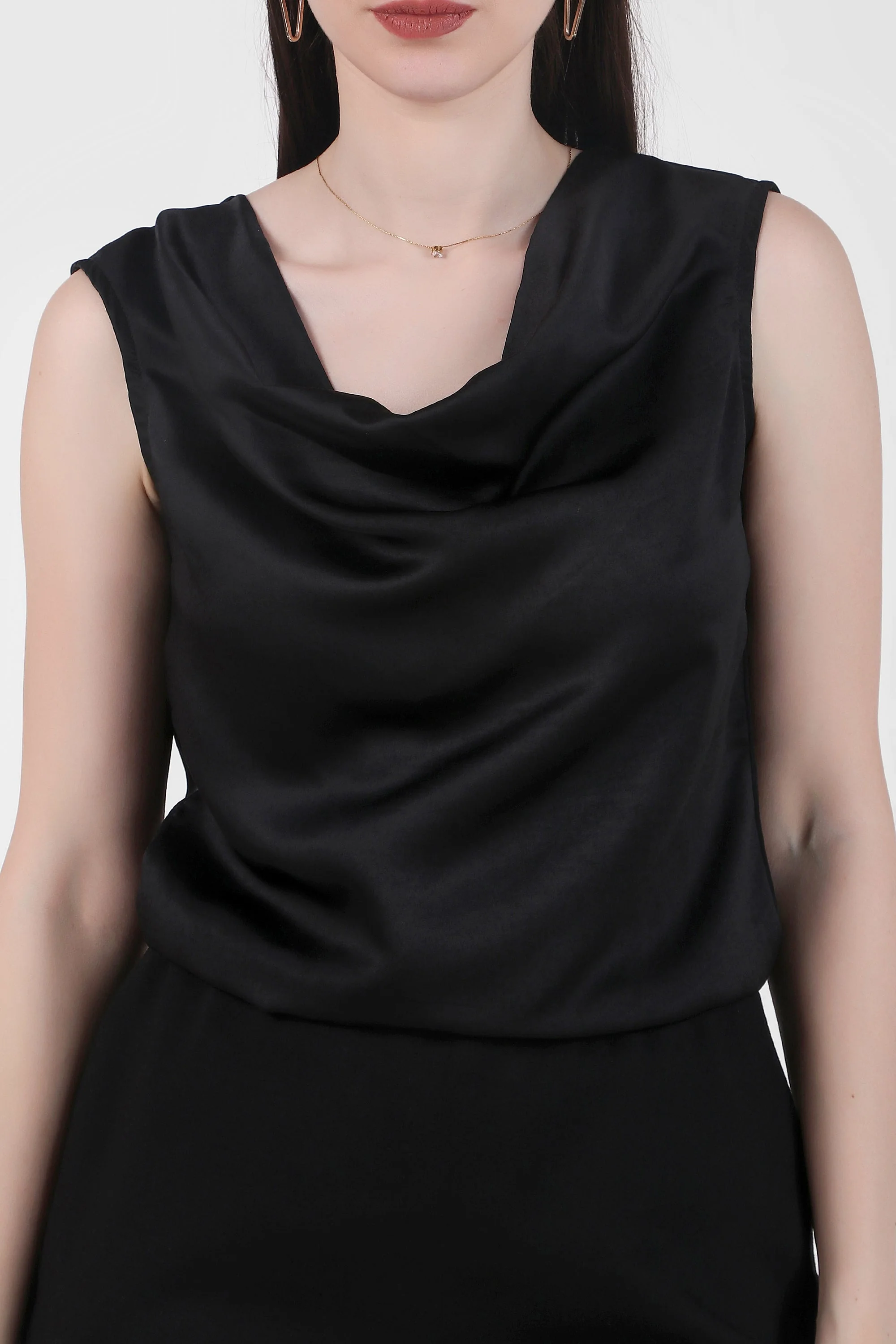 Drapey Cowl Neck Sleevless Top, Black - Image 4