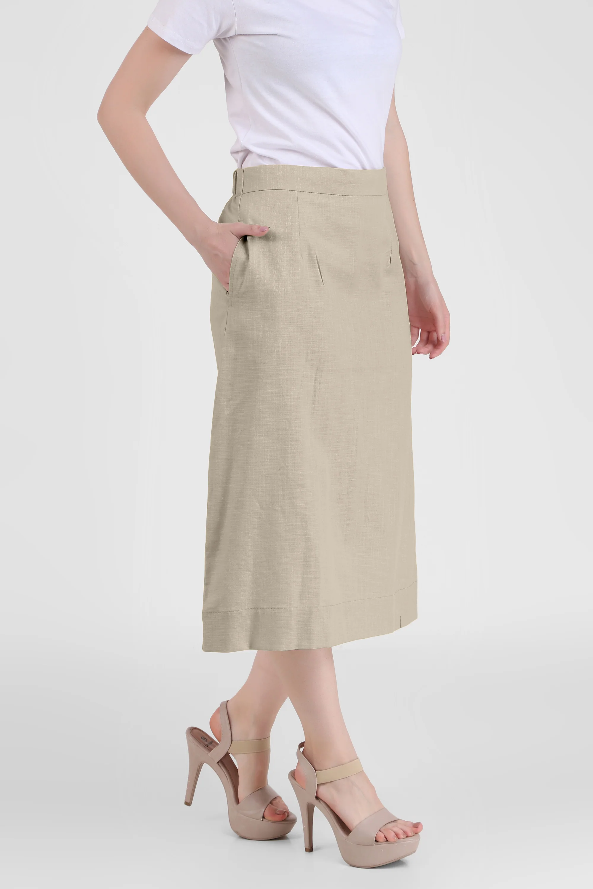 Elegant Linen Blend Midi Skirt, Beige - Image 4
