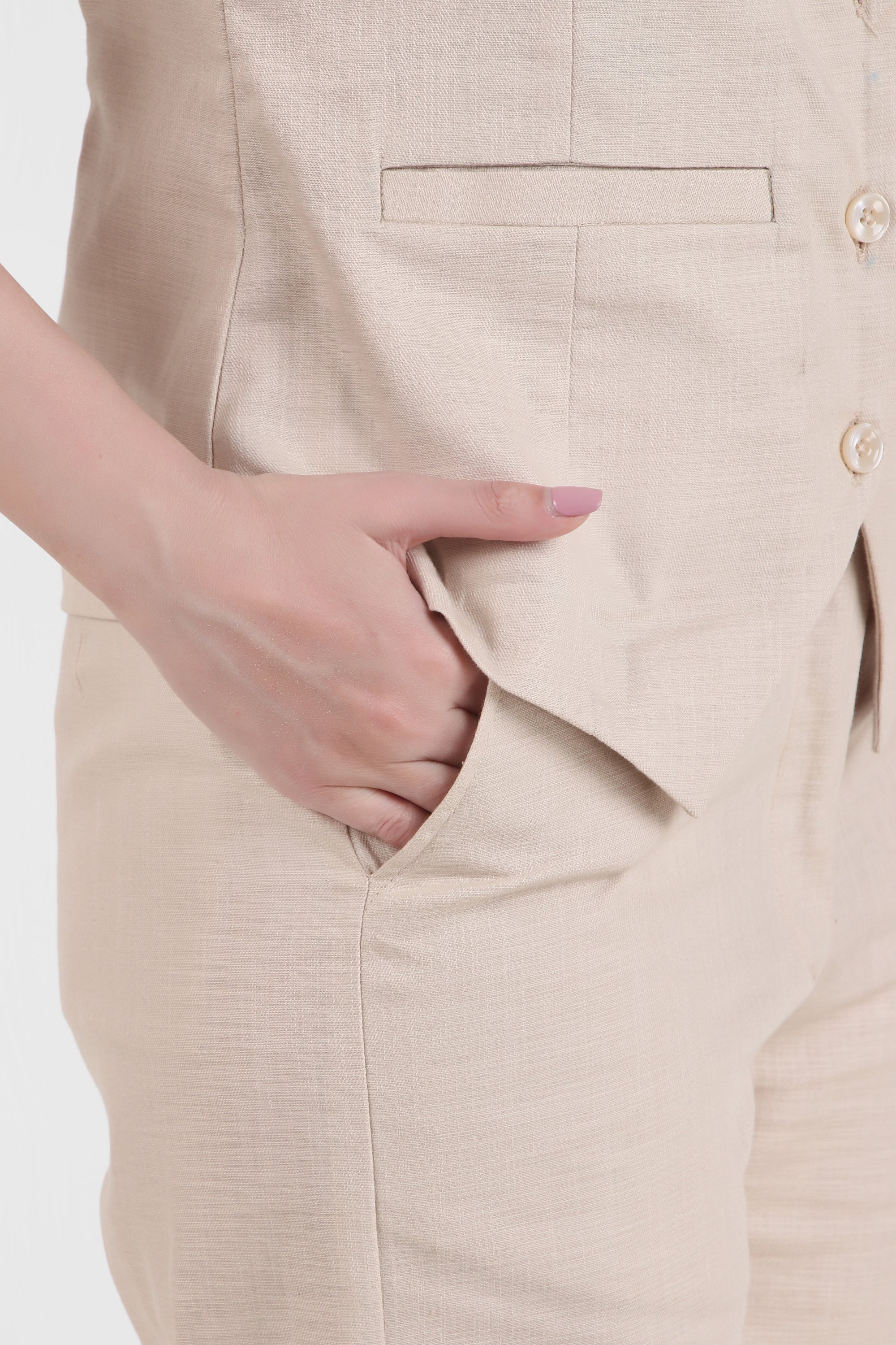 Linen Blend, Waistcoat And Trousers Co-ord Set - Beige - Image 8
