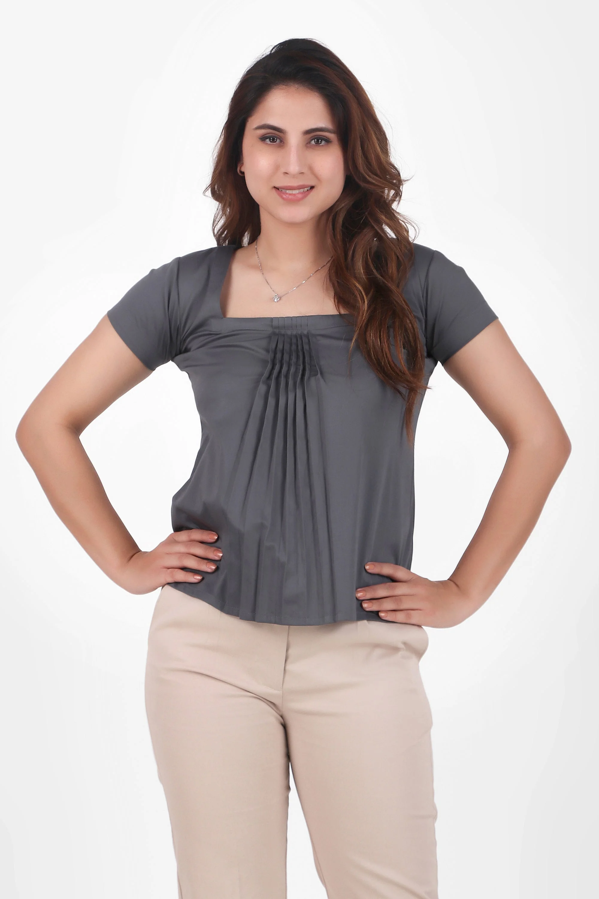 Rectangular Pleated Elegance Top, Dark Gray - Image 3