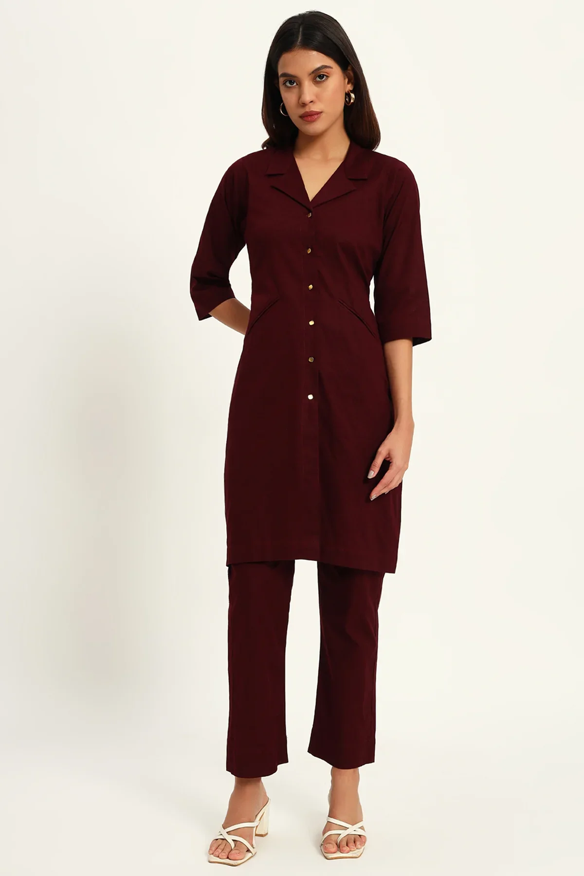 Signature Lapel Kurta Pant Set, Wine - Image 5