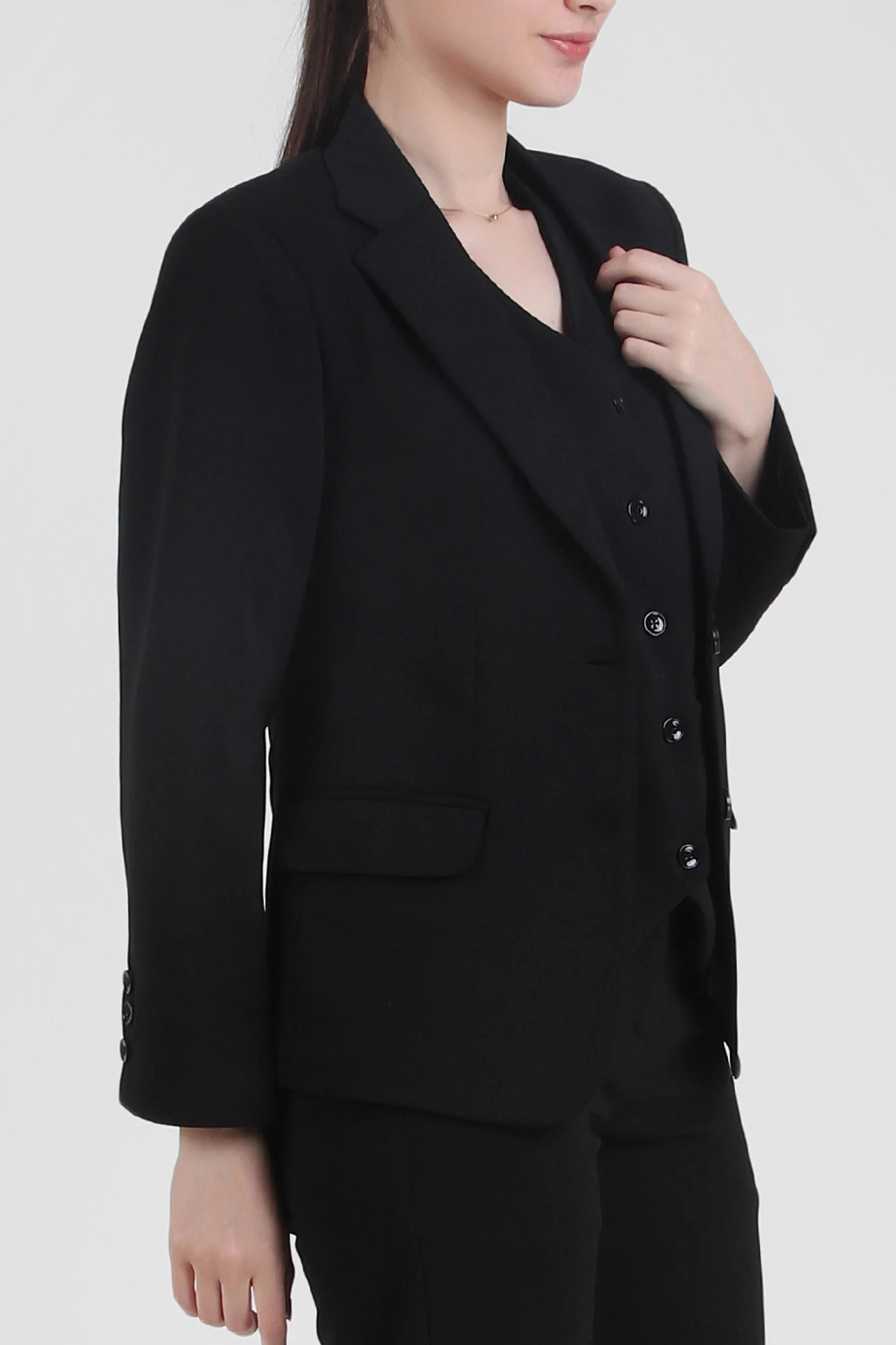 Stretch Crepe Single Breasted Blazer, Black - Image 3