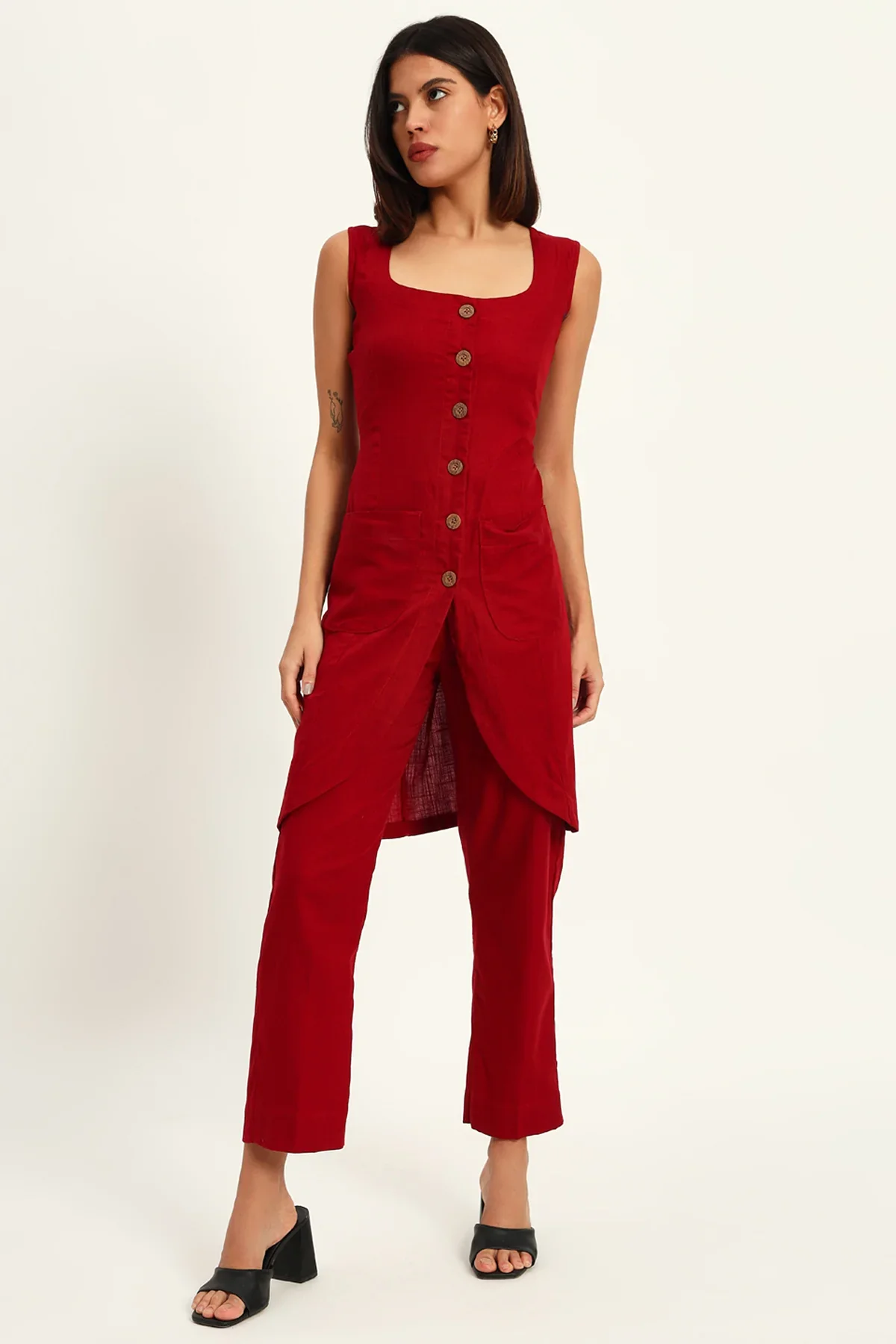 Tailored Vest Kurta Pant Set, Maroon - Image 3