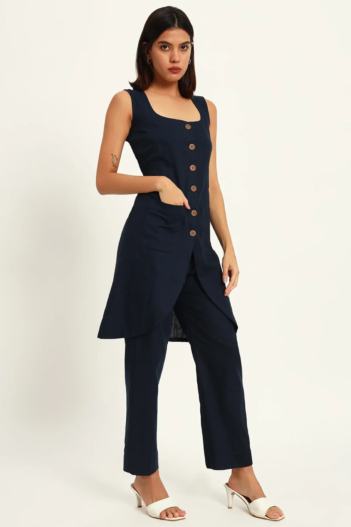 Tailored Vest Kurta Pant Set, Navy Blue - Image 5