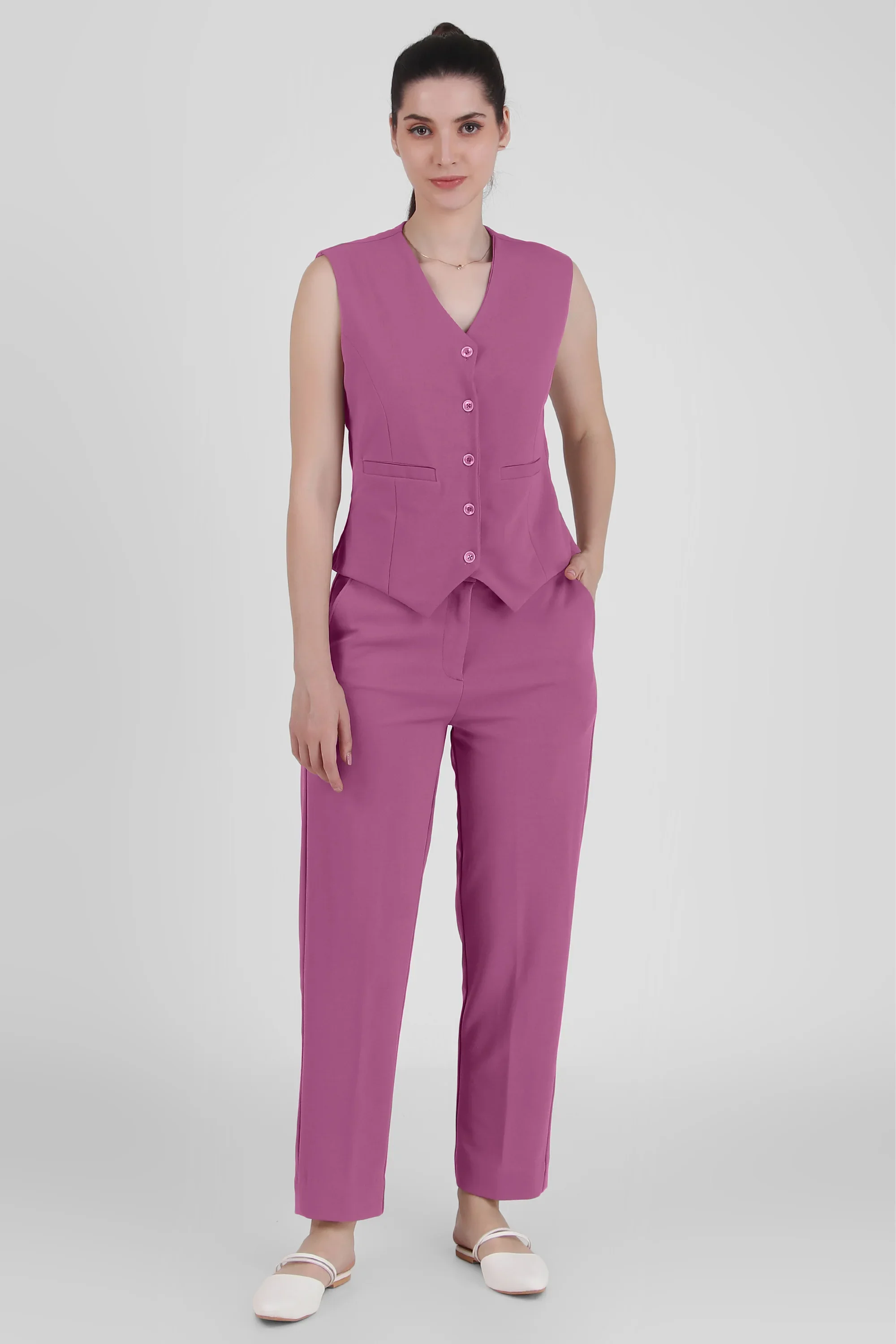 V Neck Tailored Waistcoat, Dusky Mauve - Image 4