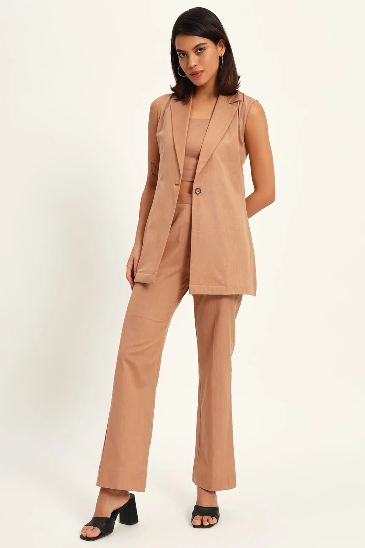 Versatile Linen Trio Jacket Co-ord Set, Camel - Image 3